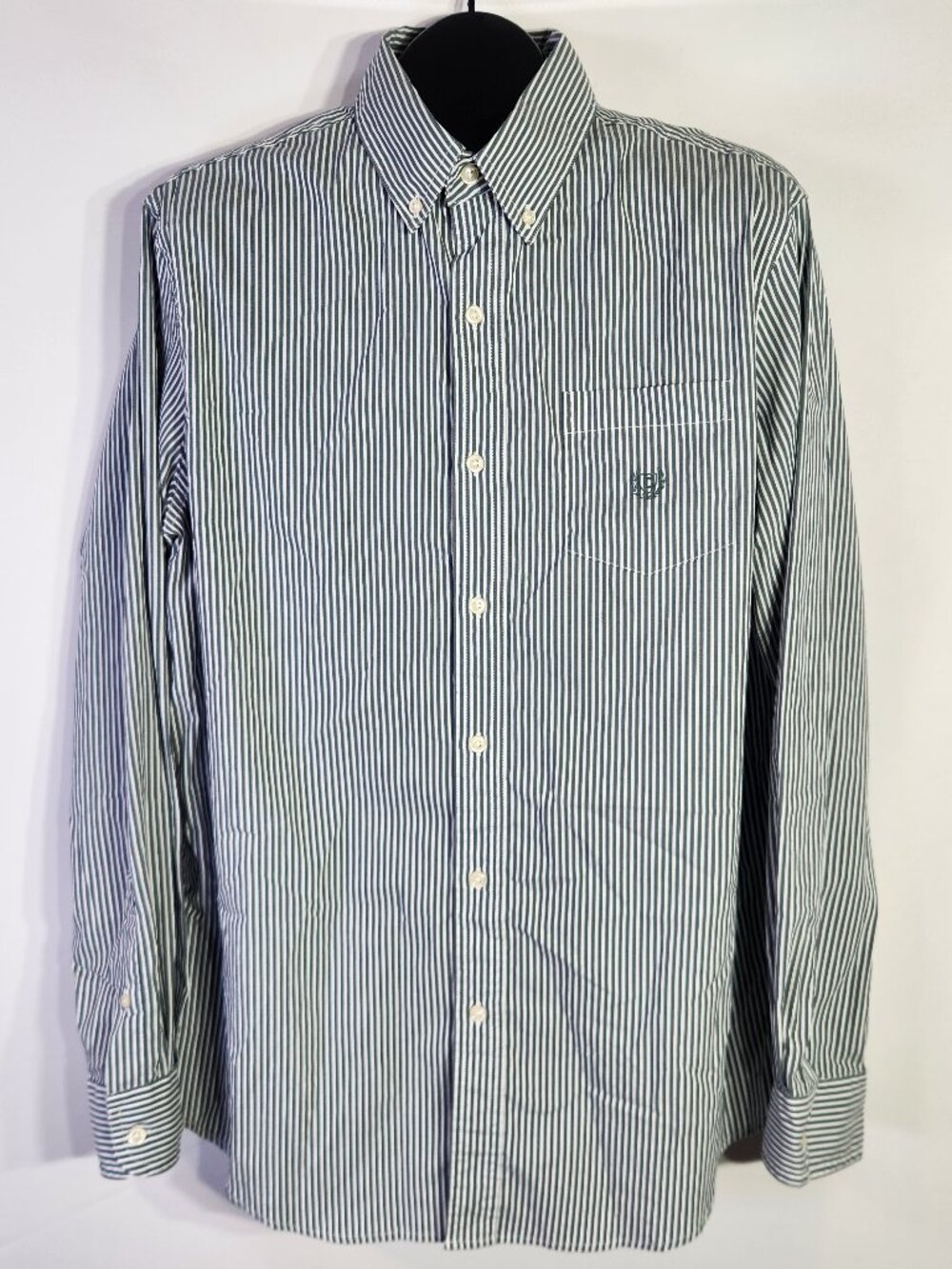 Chaps Stretch Easy Care Gray Striped Long Sleeve Button Up Shirt – Size L
